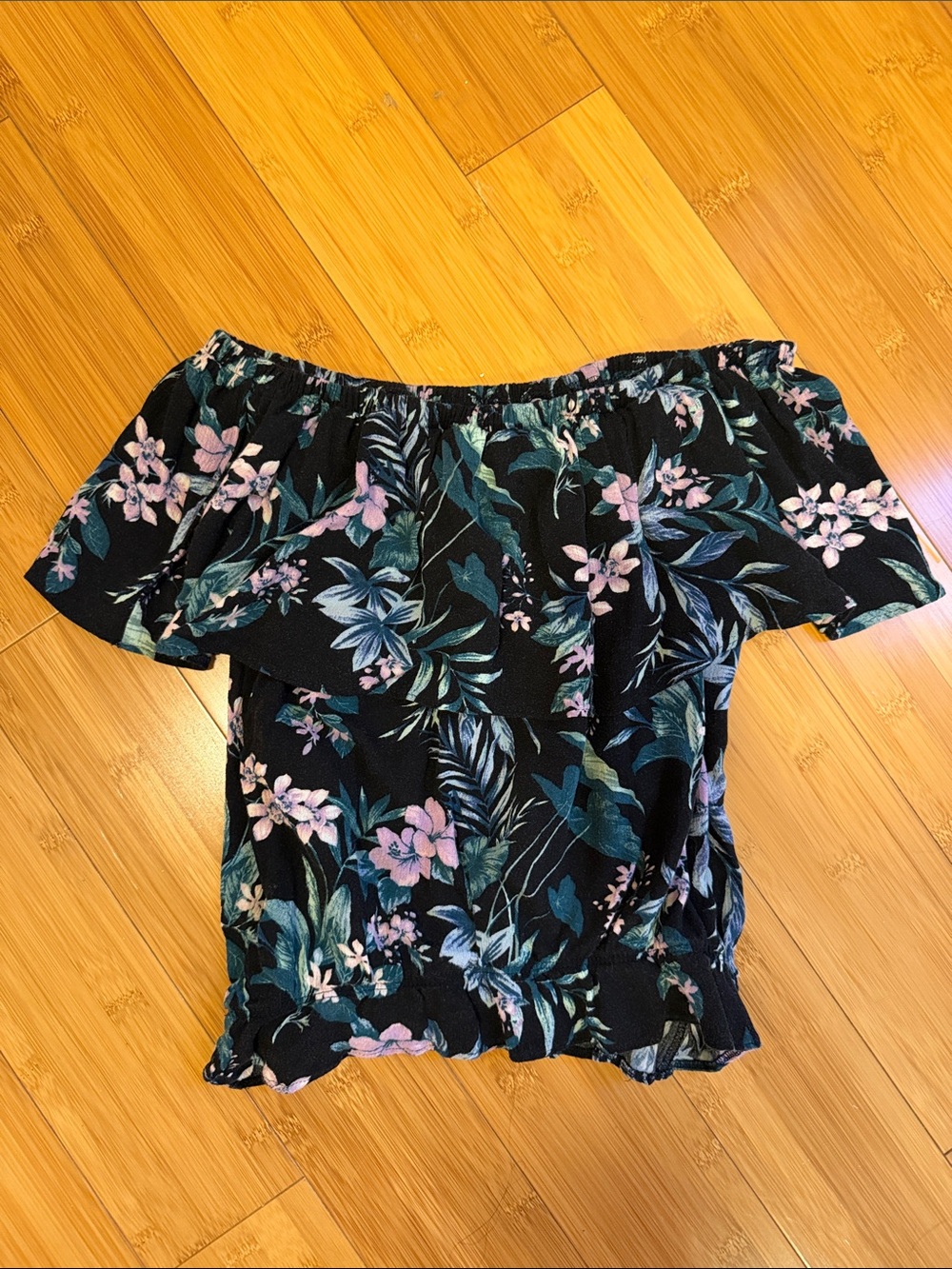 Black Off-Shoulder Top with Teal & Pink Floral Print XXS Vintage